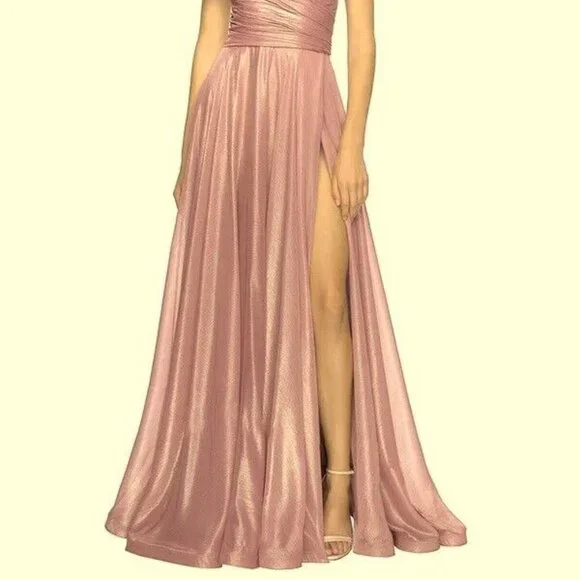 La Femme Pink Metallic Iridescent Off the Shoulder Chiffon Gown